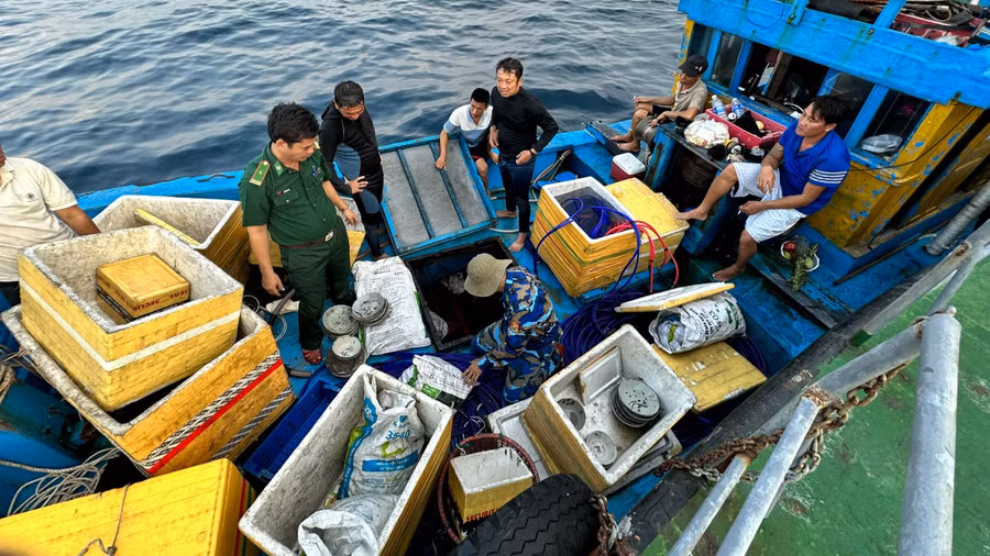 Biên phòng Quảng Ngãi kiểm tra, phát hiện cổ vật tàu đắm trên tàu cá ngư dân. Ảnh Nguyễn Tánh.