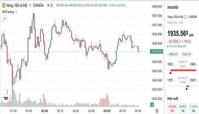Biểu đồ biến động giá vàng trong 24 giờ qua