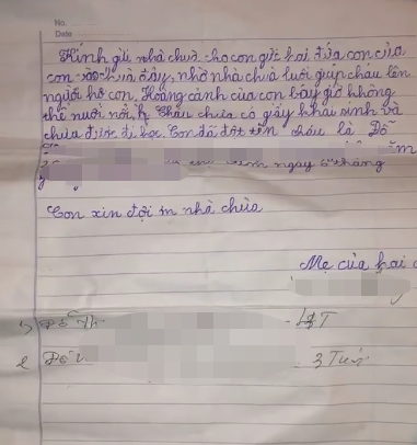 Bức thư người mẹ bỏ lại cùng hai con nhỏ.