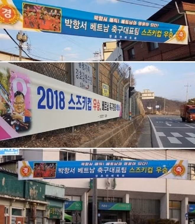 Ngoài các bức bích họa, nhiều biểu ngữ chúc mừng thành công của HLV Park Hang-seo và ĐT Việt Nam cũng đã xuất hiện trên đường phố Gyeongsang Nam. 