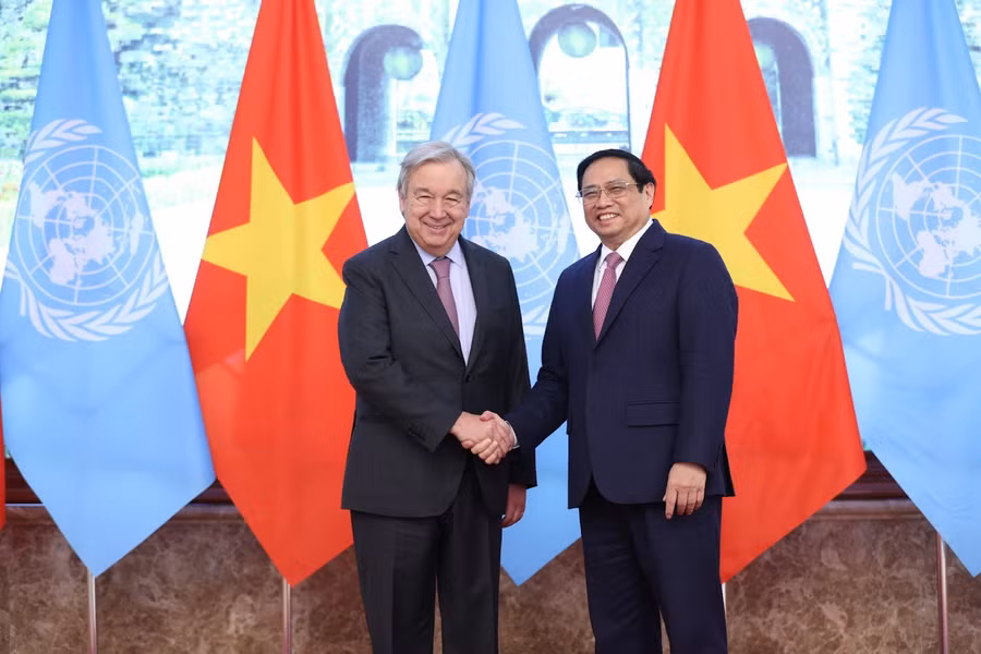 Chuyến thăm quan trọng của người đứng đầu tổ chức đa phương lớn nhất thế giới thể hiện thông điệp mạnh mẽ về sự coi trọng của LHQ đối với quan hệ đối tác Việt Nam-Liên Hợp Quốc trong 45 năm qua - Ảnh: VGP/Nhật Bắc.