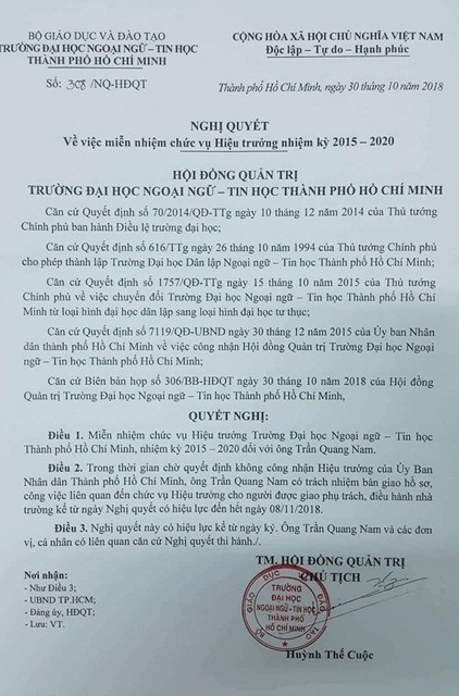 Nghị quyết của HĐQT trường HUFLIT về việc miễn nhiệm chức vụ hiệu trưởng với ông Trần Quang Nam Nghị quyết của HĐQT trường HUFLIT về việc miễn nhiệm chức vụ hiệu trưởng với ông Trần Quang Nam