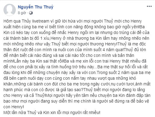 Thu Thuỷ cũng giải thích và nhận lỗi cùng chồng. 