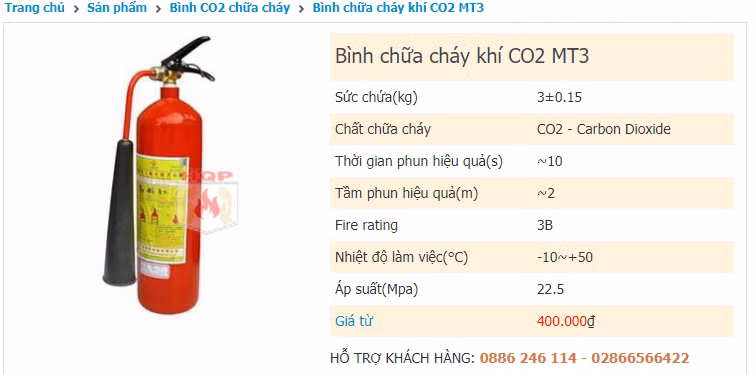 Một sản phẩm bình chữa cháy CO2 loại 3kg được chào bán trên thị trường giá 400.000 đồng.