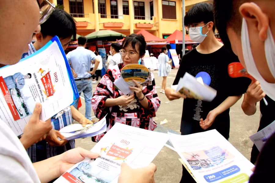 Nhân viên tư vấn cụ thể về các vị trí việc làm cho sinh viên nhà trường.