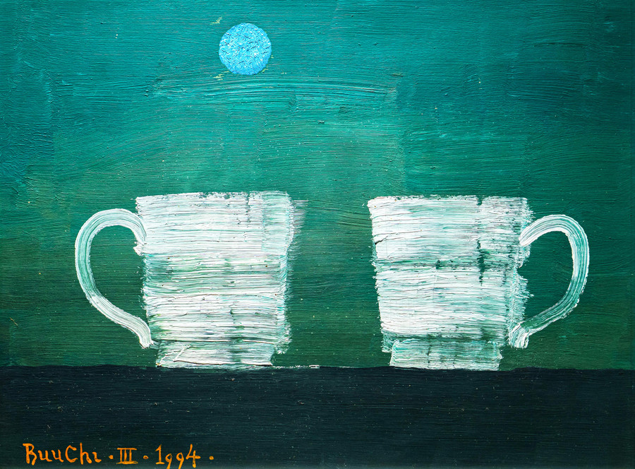 Tác phẩm “Hai tách trà”, sơn dầu trên giấy của Bửu Chỉ.
