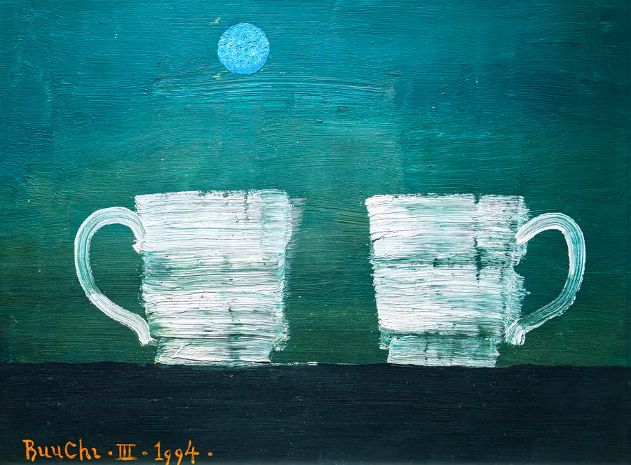 Tác phẩm “Hai tách trà”, sơn dầu trên giấy của Bửu Chỉ. Tác phẩm “Hai tách trà”, sơn dầu trên giấy của Bửu Chỉ.