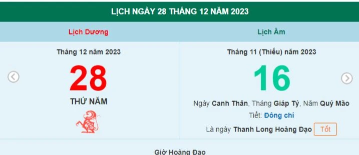 Lịch âm hôm nay - Xem lịch âm ngày 28/12