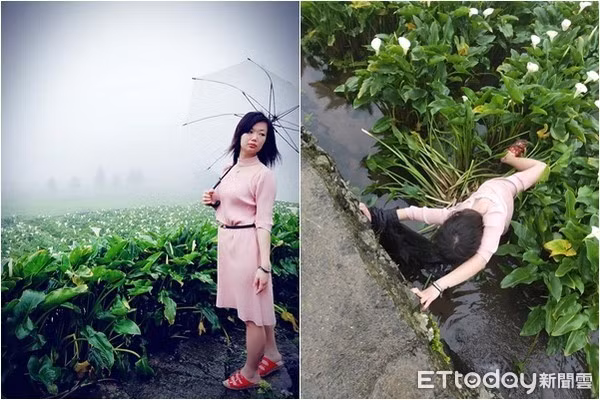 Hình ảnh trước và sau khi cô gái chụp ảnh tại hồ ở công viên quốc gia Dương Minh Sơn.