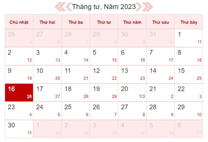 Xem lịch âm ngày 16/4/2023
