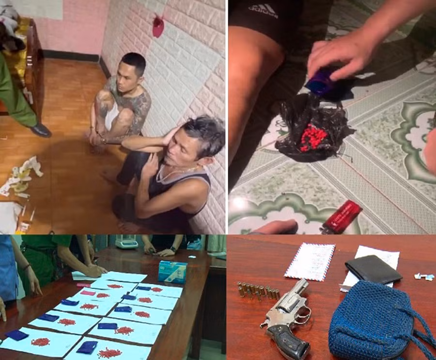 Công an thu giữ vũ khí và nhiều loại ma túy.