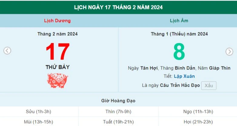 Lịch âm hôm nay - Xem lịch âm ngày 17/2