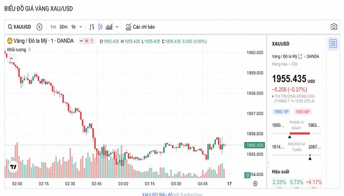 Biểu đồ biến động giá vàng trong 24 giờ qua