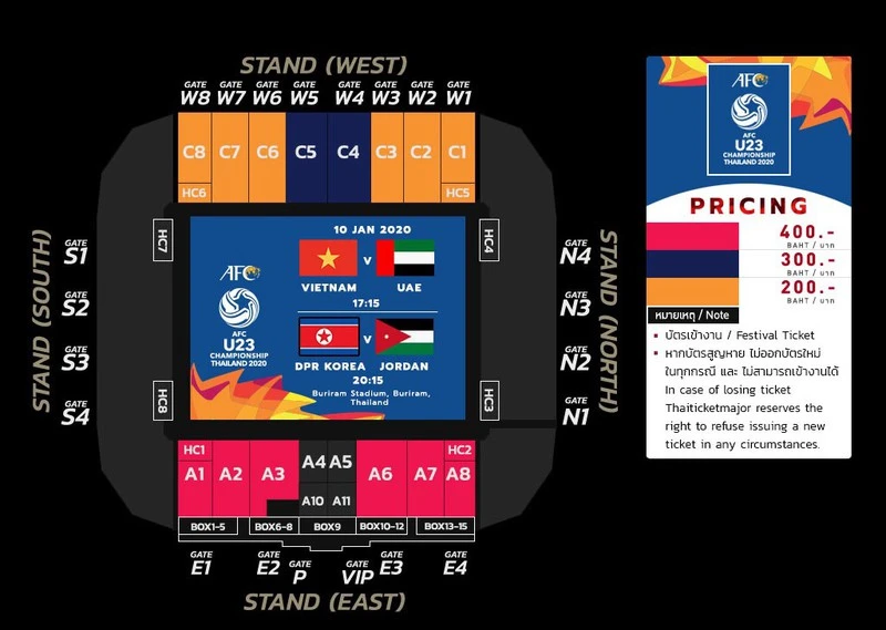Mức giá vé xem các trận đấu của U23 Việt Nam tại sân Buriram. (Ảnh: Thaiticketmajor).