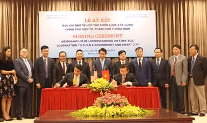 Chủ tịch UBND Thành phố Nguyễn Đức Chung dự và chứng kiến lễ ký kết Biên bản ghi nhớ hợp tác chiến lược xây dựng Chính quyền điện tử, thành phố thông minh giữa UBND TP. Hà Nội và Tập đoàn Công nghệ DELL (Mỹ). Ảnh: Phạm Linh