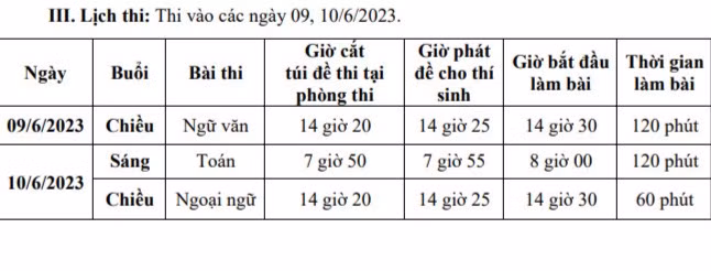 Lịch thi của kỳ thi tuyển sinh vào lớp 10 THPT năm học 2023-2024 của Nam Định.