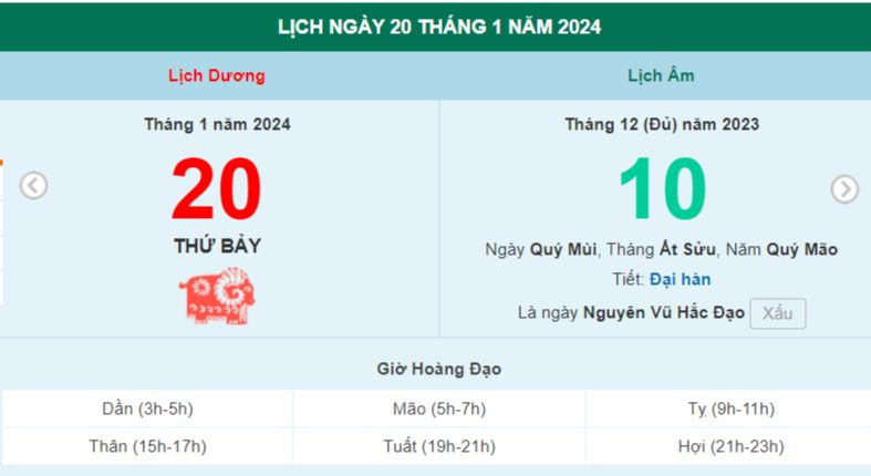 Lịch âm hôm nay - Xem lịch âm ngày 20/1