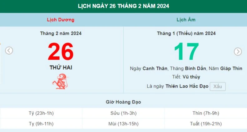 Lịch âm hôm nay - Xem lịch âm ngày 26/2