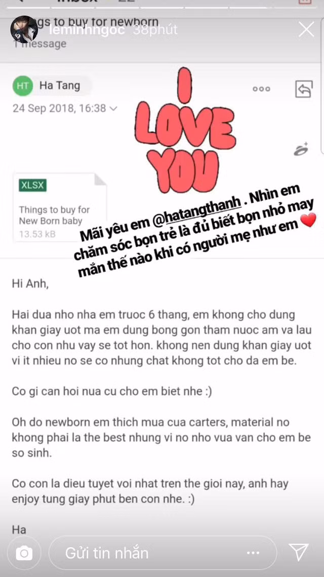 Và cũng như bao bà mẹ bỉm sữa khác, Hà Tăng chăm chút cho các con một cách cẩn thận. Mới đây, bức thư điện tử mà cô gửi cho stylist Lê Minh Ngọc được anh hé lộ cũng gây chú ý. Trong đó, cô ghi chú khá chi tiết việc chăm con như không dùng khăn ướt mà dùng bông gòn thấm nước để lau cho con, cho thấy cô rất cẩn thận, kĩ tính. Cuối thư, người đẹp không quên chia sẻ: Có con là điều tuyệt vời nhất trên thế giới này. Anh hãy tận hưởng từng phút giây bên con nhé.