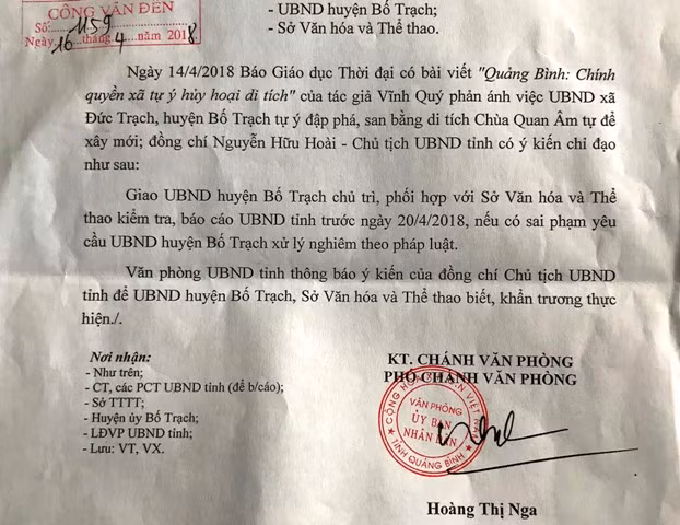 Văn bản truyền đạt ý kiến của ông Nguyễn Hữu Hoài, chủ tịch UBND tỉnh Quảng Bình đối với vấn đề báo GD&TĐ phản ánh về sự việc này. Văn bản truyền đạt ý kiến của ông Nguyễn Hữu Hoài, chủ tịch UBND tỉnh Quảng Bình đối với vấn đề báo GD&TĐ phản ánh về sự việc này.