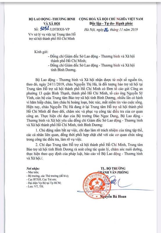 Văn bản của Bộ LĐTB&XH yêu cầu Sở LĐTB&XH 2 địa phương là TP.HCM và Bình Dương nhanh chóng xử lý vụ việc xâm hại trẻ tại các trung tâm bảo trợ xã hội Văn bản của Bộ LĐTB&XH yêu cầu Sở LĐTB&XH 2 địa phương là TP.HCM và Bình Dương nhanh chóng xử lý vụ việc xâm hại trẻ tại các trung tâm bảo trợ xã hội