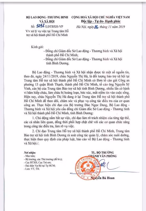 Văn bản của Bộ LĐTB&XH yêu cầu Sở LĐTB&XH 2 địa phương là TP.HCM và Bình Dương nhanh chóng xử lý vụ việc xâm hại trẻ tại các trung tâm bảo trợ xã hội