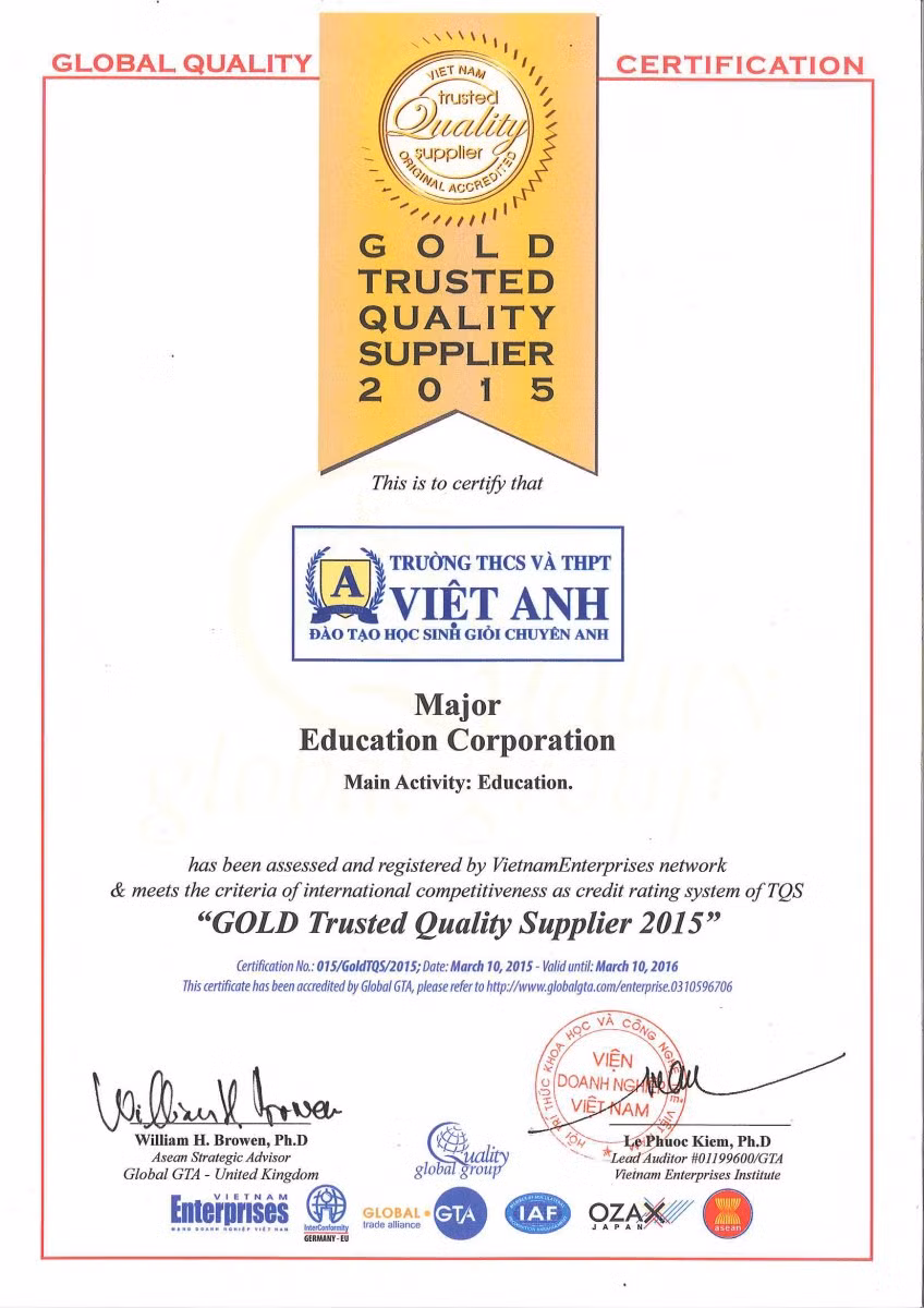 Trường THCS và THPT Việt Anh được công nhận "Nhà Giáo Dục chất lượng vàng” - Nguồn: truongvietanh.com