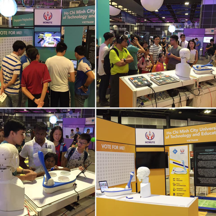 Hai sản phẩm của Trường ĐH Sư phạm Kỹ thuật TPHCM là Robot hỗ trợ việc bón thức ăn cho người già và bệnh nhân Parkinson và Hệ thống không cho người say lái xe được triển lãm tại Youth Innovation Showcase & Awards 2019. Đây là 2 sản phẩm duy nhất đại diện Việt Nam tham gia cuộc thi do chính phủ Singapore tổ chức dành cho SV và HS khu vực châu Á. Ảnh: FBNV Hai sản phẩm của Trường ĐH Sư phạm Kỹ thuật TPHCM là Robot hỗ trợ việc bón thức ăn cho người già và bệnh nhân Parkinson và Hệ thống không cho người say lái xe được triển lãm tại Youth Innovation Showcase & Awards 2019. Đây là 2 sản phẩm duy nhất đại diện Việt Nam tham gia cuộc thi do chính phủ Singapore tổ chức dành cho SV và HS khu vực châu Á. Ảnh: FBNV