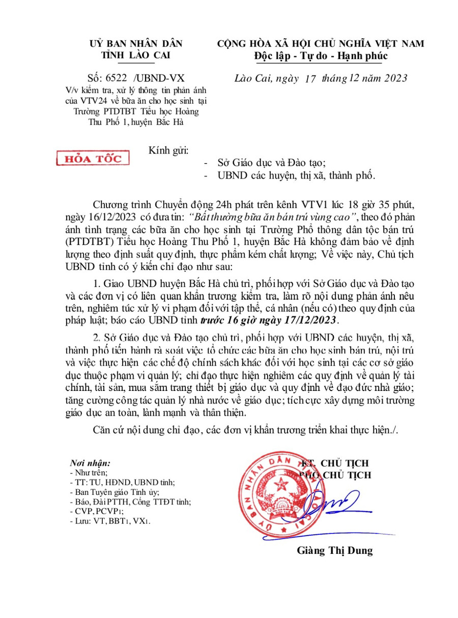 Công văn của UBND tỉnh Lào Cai yêu cầu kiểm tra vụ việc.