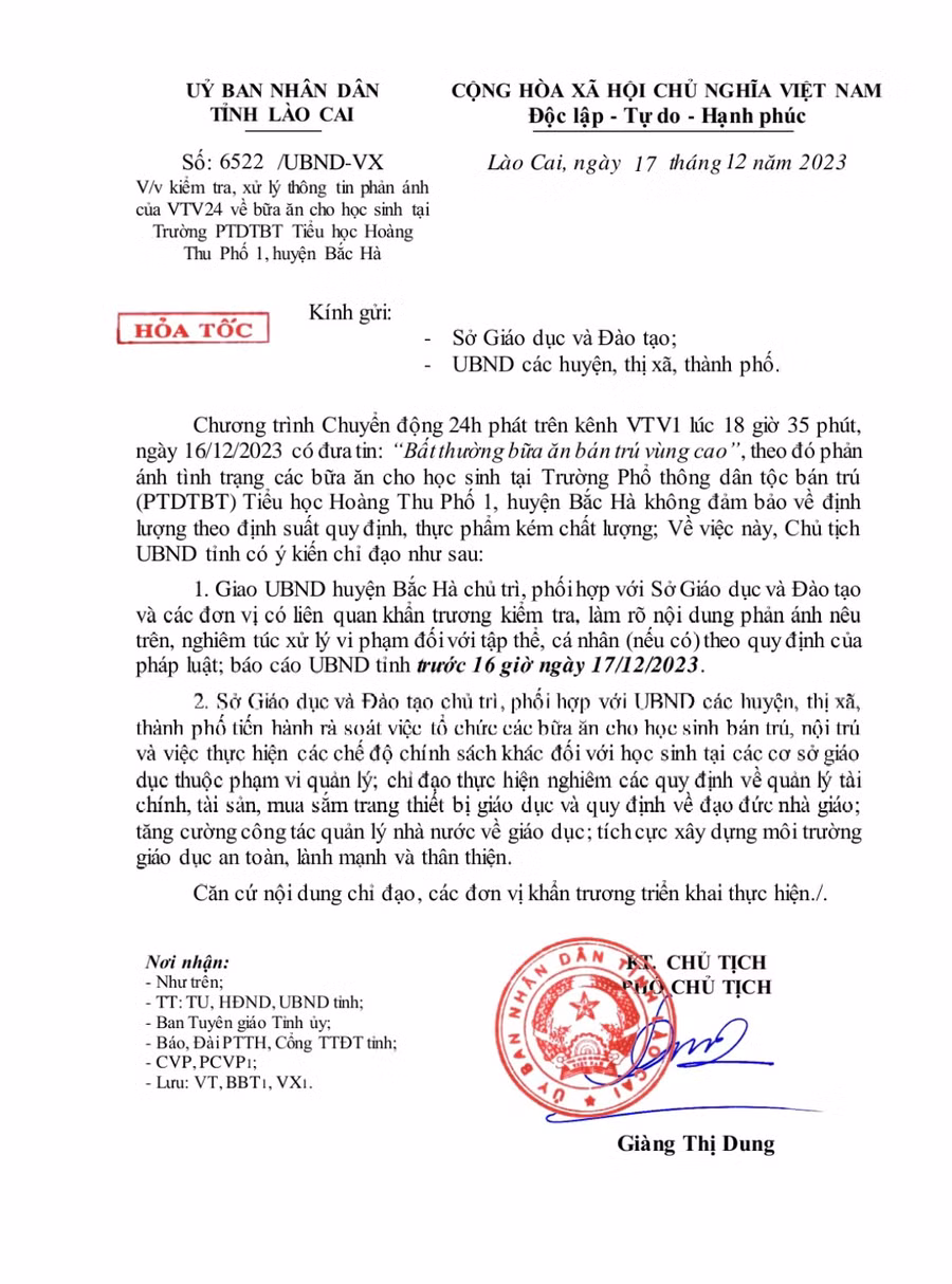 Công văn của UBND tỉnh Lào Cai yêu cầu kiểm tra vụ việc.