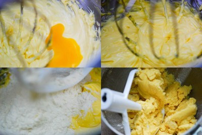 Thêm lòng đỏ trứng vào và đánh kỹ. Tiếp đó thêm bột mì, sữa bột, bột bắp đã được rây 2 lần cho mịn vào và trộn đều trong khoảng 4-5 phút. Thêm lòng đỏ trứng vào và đánh kỹ. Tiếp đó thêm bột mì, sữa bột, bột bắp đã được rây 2 lần cho mịn vào và trộn đều trong khoảng 4-5 phút.