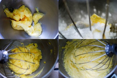 Phần vỏ bánh: Thêm bơ và đường bột vào một cái tô, dùng máy đánh trứng trộn đều chúng thành dạng kem. Phần vỏ bánh: Thêm bơ và đường bột vào một cái tô, dùng máy đánh trứng trộn đều chúng thành dạng kem.