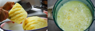 Phần mứt dứa: Dứa gọt vỏ, bỏ mắt, cắt thành miếng nhỏ rồi cho vào máy xay sinh tố xay nhuyễn. Phần mứt dứa: Dứa gọt vỏ, bỏ mắt, cắt thành miếng nhỏ rồi cho vào máy xay sinh tố xay nhuyễn.