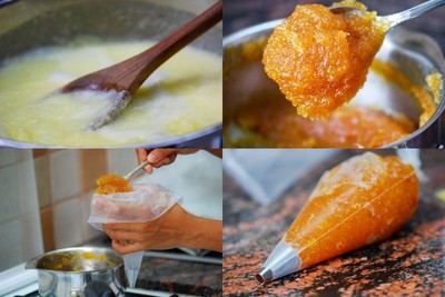 Cho dứa đã xay vào một cái nồi đáy dày, thêm đường, đinh hương và quế vào đun trên lửa nhỏ, bạn nhớ khuấy nồi liên tục để tránh bị cháy và đun cho đến khi hỗn hợp đặc sánh lại thì tắt bếp. Loại bỏ đinh hương và thanh quế ra, để hỗn hợp nguội. Khi mứt dứa nguội bạn cho vào túi bắt kem. Cho dứa đã xay vào một cái nồi đáy dày, thêm đường, đinh hương và quế vào đun trên lửa nhỏ, bạn nhớ khuấy nồi liên tục để tránh bị cháy và đun cho đến khi hỗn hợp đặc sánh lại thì tắt bếp. Loại bỏ đinh hương và thanh quế ra, để hỗn hợp nguội. Khi mứt dứa nguội bạn cho vào túi bắt kem.