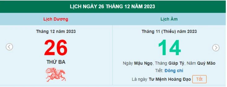 Lịch âm hôm nay - Xem lịch âm ngày 26/12