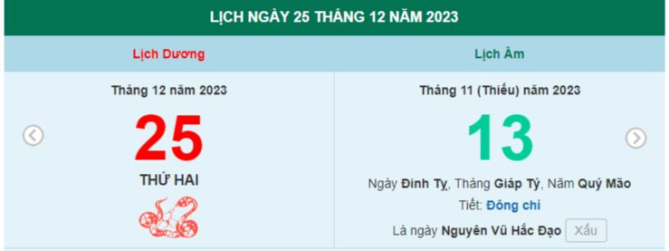 Lịch âm hôm nay - Xem lịch âm ngày 25/12