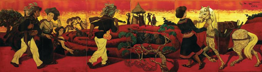 Tác phẩm "Du kích Châu Yên" - sơn mài/1992. Tác phẩm "Du kích Châu Yên" - sơn mài/1992.