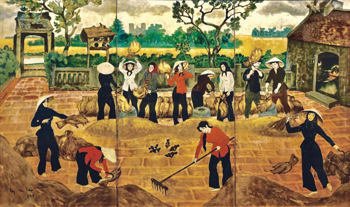 Tác phẩm "Đập lúa" - sơn mài/1991. Tác phẩm "Đập lúa" - sơn mài/1991.