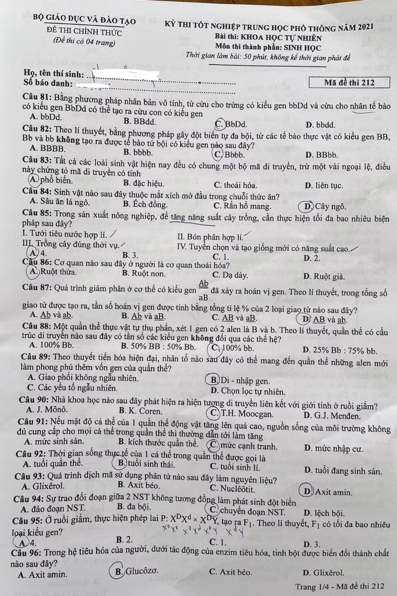 Gợi ý đáp án môn Sinh học thi tốt nghiệp THPT năm 2021 ảnh 13
