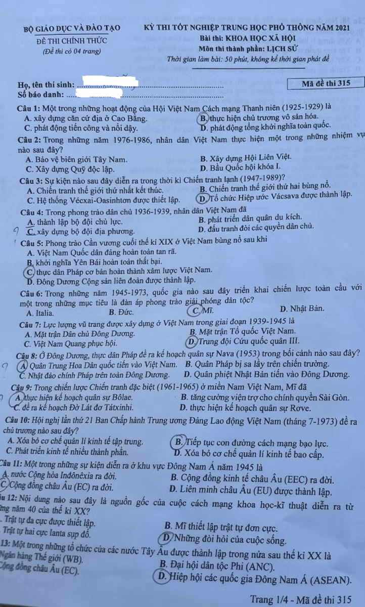 Gợi ý đáp án môn Lịch sử thi tốt nghiệp THPT 2021 ảnh 13