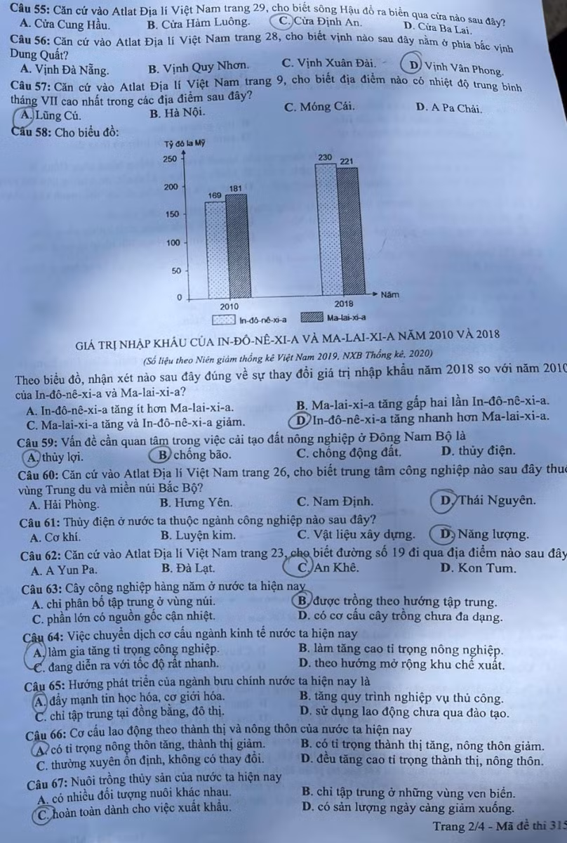 Gợi ý đáp án môn Địa lý thi tốt nghiệp THPT năm 2021 ảnh 2