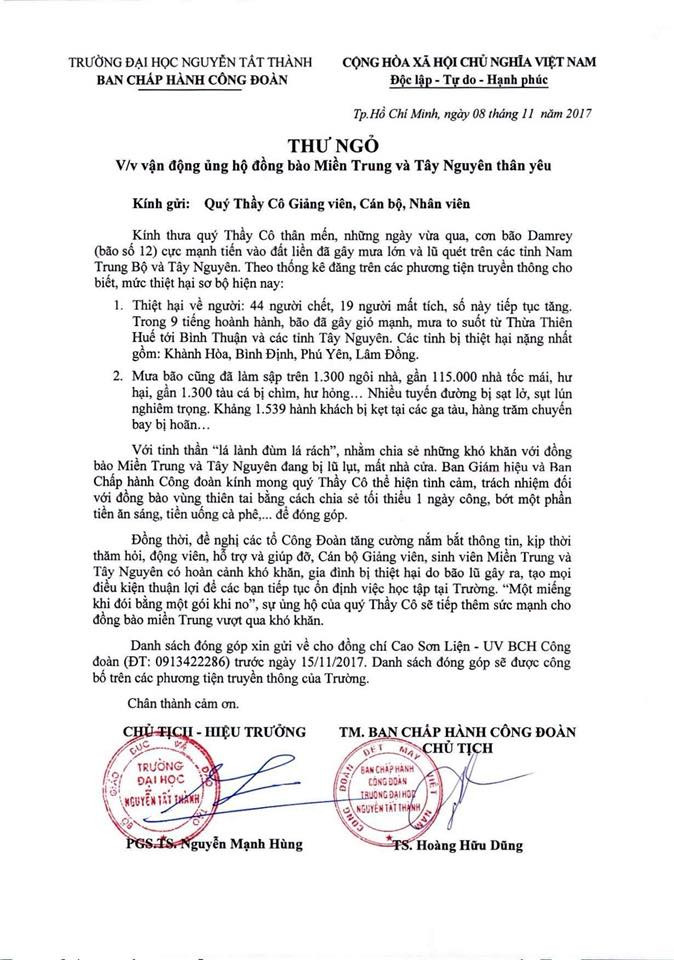 Ban chấp hành Công đoàn Trường ĐH Nguyễn Tất Thành kêu gọi GV,CB, CNV toàn trường hướng về đồng bào bị thiên tai ở miền Trung và Tây Nguyên Ban chấp hành Công đoàn Trường ĐH Nguyễn Tất Thành kêu gọi GV,CB, CNV toàn trường hướng về đồng bào bị thiên tai ở miền Trung và Tây Nguyên