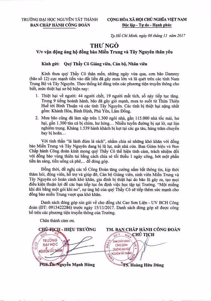 Ban chấp hành Công đoàn Trường ĐH Nguyễn Tất Thành kêu gọi GV,CB, CNV toàn trường hướng về đồng bào bị thiên tai ở miền Trung và Tây Nguyên