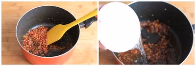 Khi hỗn hợp sốt đã dậy thơm, bạn thêm 1 bát con nước chấm nước sôi vào chảo, khuấy đều.
