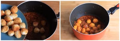 Cho trứng cút vào chảo, đảo đều, chờ sốt sôi thì hạ nhỏ lửa, đun liu riu trong khoảng 15 phút cho trứng thấm vị, sốt sẽ cạn dần và hơi sánh đặc.