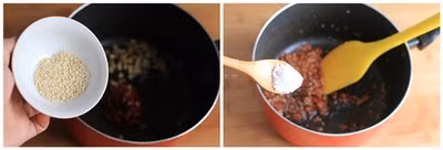 Kế đó cho vừng rang chín, muối và đường vào, tiếp tục đảo đều hỗn hợp trên chảo.