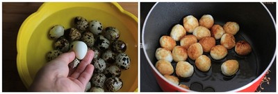 Trứng cút luộc chín, để nguội rồi bóc sạch vỏ, sau đó đem rửa lại dưới nước cho sạch vỏ vỡ vụn còn bám dính lại, để ráo. Làm nóng dầu trong chảo với chừng 2 muỗng canh dầu, thả trứng cút vào rán áp chảo cho thật vàng đều rồi gắp ra bát để riêng. Trứng cút luộc chín, để nguội rồi bóc sạch vỏ, sau đó đem rửa lại dưới nước cho sạch vỏ vỡ vụn còn bám dính lại, để ráo. Làm nóng dầu trong chảo với chừng 2 muỗng canh dầu, thả trứng cút vào rán áp chảo cho thật vàng đều rồi gắp ra bát để riêng.