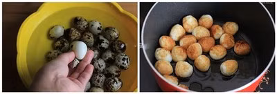 Trứng cút luộc chín, để nguội rồi bóc sạch vỏ, sau đó đem rửa lại dưới nước cho sạch vỏ vỡ vụn còn bám dính lại, để ráo. Làm nóng dầu trong chảo với chừng 2 muỗng canh dầu, thả trứng cút vào rán áp chảo cho thật vàng đều rồi gắp ra bát để riêng.