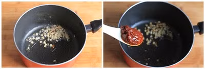 Làm nóng chảo trở lại, nhưng chắt bớt dầu nếu còn thừa quá nhiều, bạn chỉ để lại một lớp dầu láng mặt thôi. Chờ dầu nóng, trút tỏi bằm vào phi thơm. Khi tỏi phi ngả màu nâu vàng, cũng là lúc bạn cho sa tế vào (lượng cay này bạn có thể điều chỉnh cho phù hợp với khẩu vị của gia đình), đảo đều.