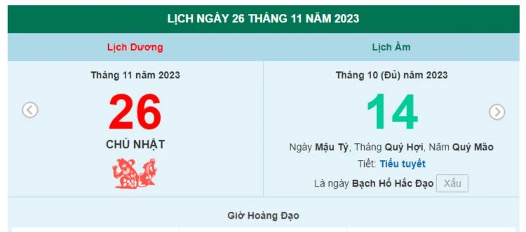 Lịch âm hôm nay - Xem lịch âm ngày 26/11/2023